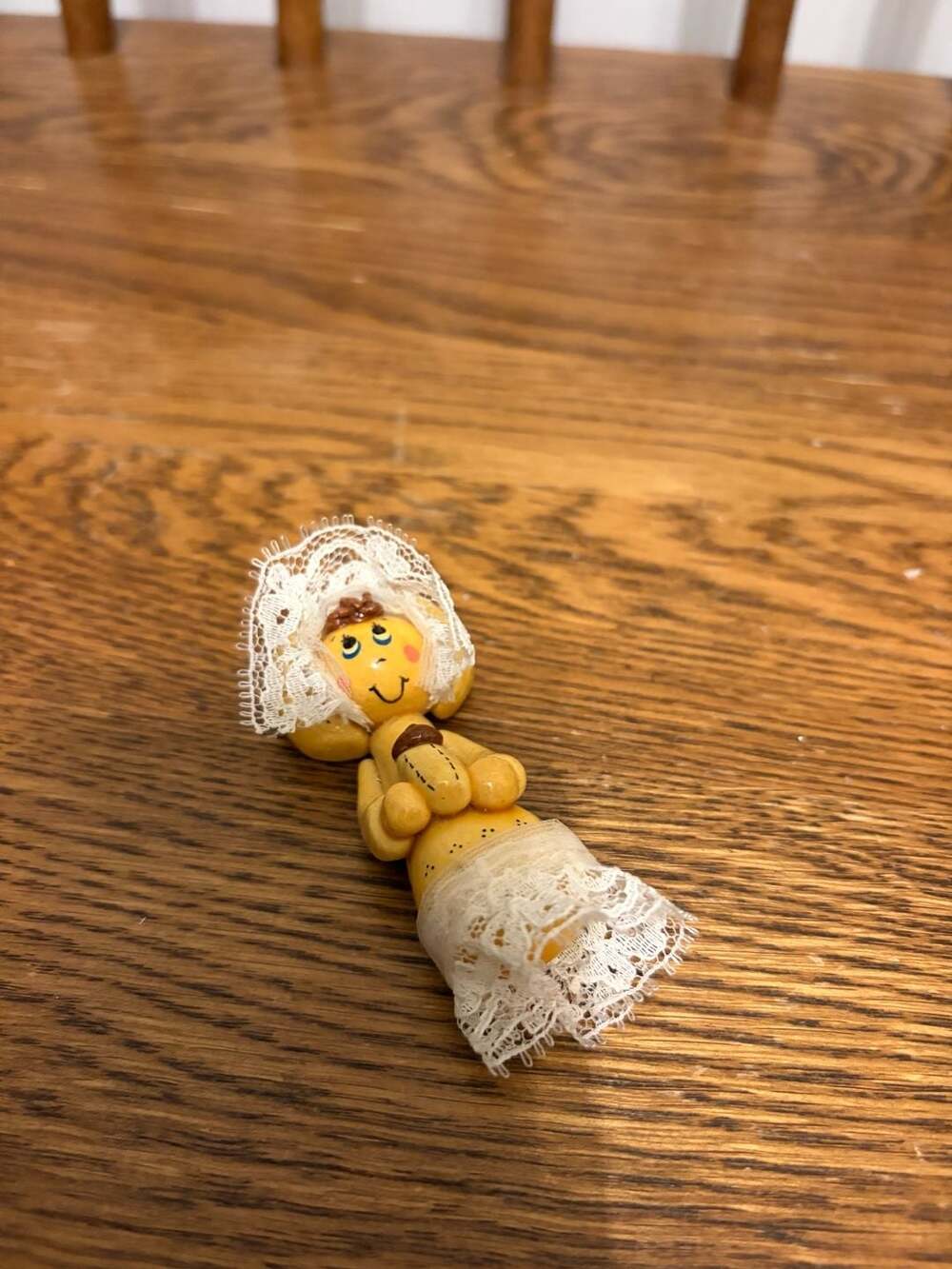 Vintage Hand-Painted Ceramic Angel Figurine with Lace Trim